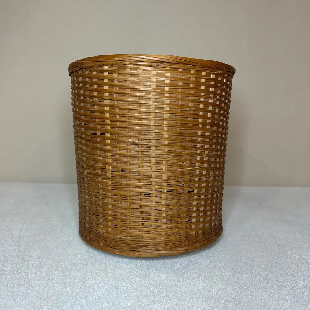 Vintage Boho Woven Rattan Wastebasket Needlepoint Pear Basket